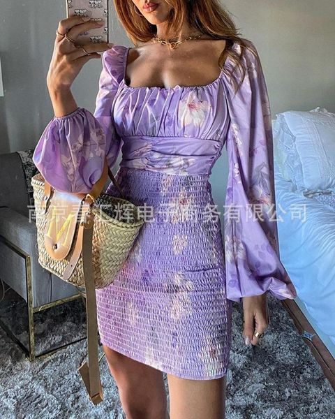 casual dresses ladies spring and autumn 2021 fashion slim purple floral print square neck waist dress, Black;gray
casual dresses ladies spring and autumn 2021 fashion slim purple floral print square neck waist dress, Black;gray