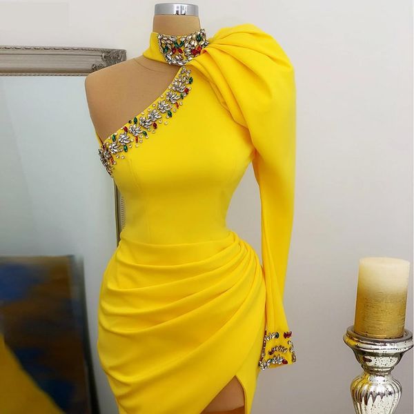 Image of Yellow White Long Sleeve Satin Cocktail Dresses High Neck One Shoulder Crystal Slit Party Vestidos De Gala Formal Prom Gown Robe De Soiree