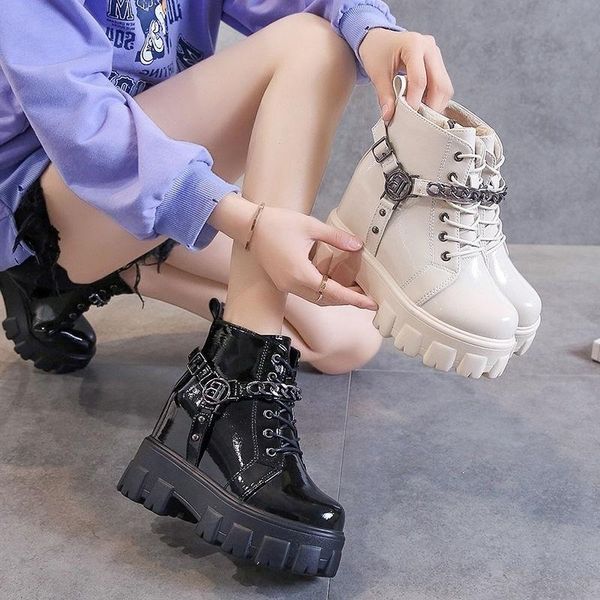 dress shoes inner height boots women's british style fall winter 2021 thick soled plush, Black 
dress shoes inner height boots women's british style fall winter 2021 thick soled plush, Black