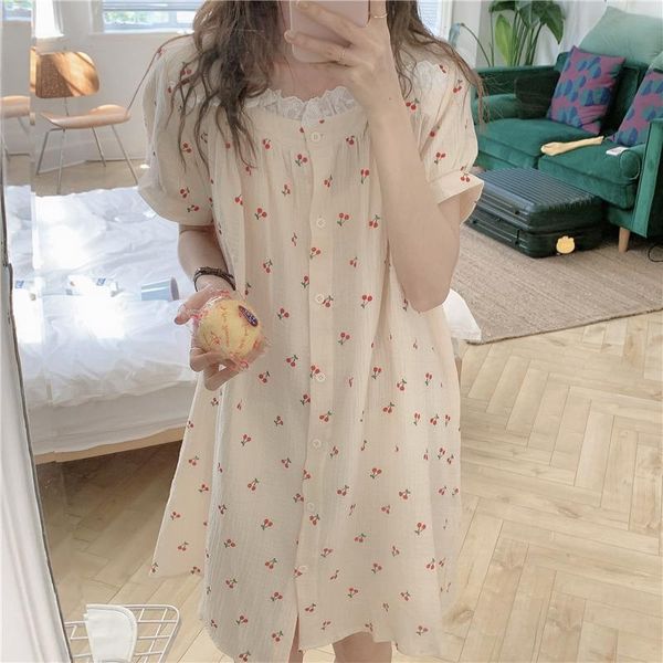 women's sleepwear cbafu cherry print summer nightgowns women sleepdress square collar single breasted lacework night dress cotton gauze, Black;red
women's sleepwear cbafu cherry print summer nightgowns women sleepdress square collar single breasted lacework night dress cotton gauze, Black;red