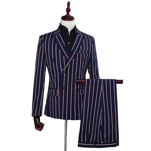 men's suits & blazers striped double-breasted men casual slim fit mens blazer pants 2 pcs formal dress set host business streetwear, White;black
men's suits & blazers striped double-breasted men casual slim fit mens blazer pants 2 pcs formal dress set host business streetwear, White;black