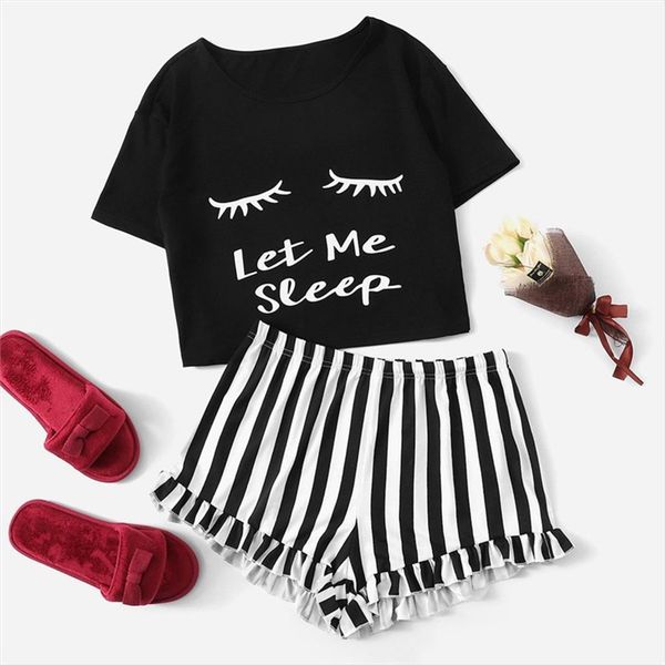 black graphic tee frilled striped women sleepwear shorts pj round neck short sleeve set summer patchwork, Black;red
black graphic tee frilled striped women sleepwear shorts pj round neck short sleeve set summer patchwork, Black;red