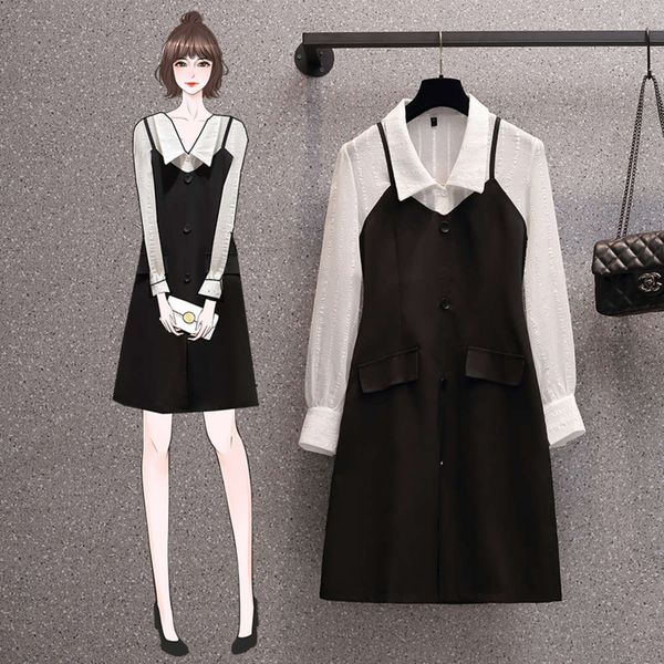 large women's 2021 spring new fat sister slim stitching fake two shirt dress, Black;gray
large women's 2021 spring new fat sister slim stitching fake two shirt dress, Black;gray