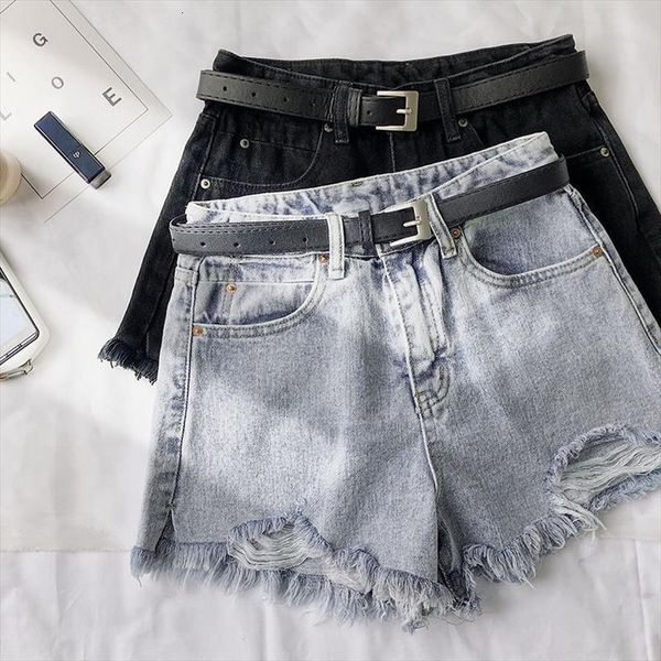 summer high waist hole blue womens shorts denim casual solid color frayed black jeans with belt, White;black
summer high waist hole blue womens shorts denim casual solid color frayed black jeans with belt, White;black