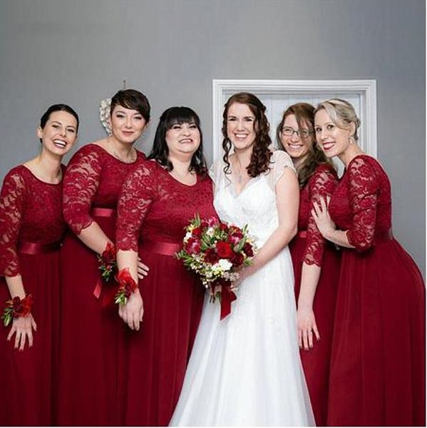 vintage wine red bridesmaid dresses with 3/4 long sleeves scoop neck lace chiffon ribbon plus size maid of honor gown wedding guest wear, White;pink
vintage wine red bridesmaid dresses with 3/4 long sleeves scoop neck lace chiffon ribbon plus size maid of honor gown wedding guest wear, White;pink