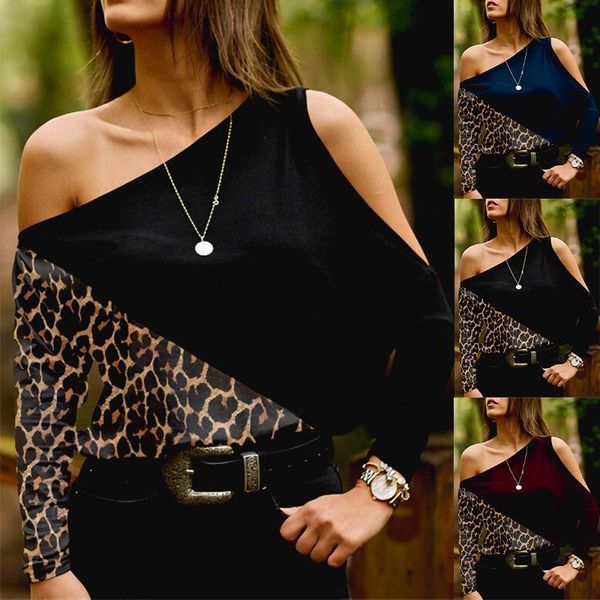 women's t-shirt printed leopard print slanting collar short sleeve casual off-shoulder, White
women's t-shirt printed leopard print slanting collar short sleeve casual off-shoulder, White