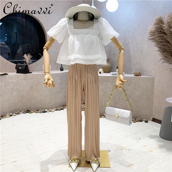 women's two piece pants 2021 summer sweet square collar bubble short sleeve shirt women high waist wide leg pleated lady set, White
women's two piece pants 2021 summer sweet square collar bubble short sleeve shirt women high waist wide leg pleated lady set, White