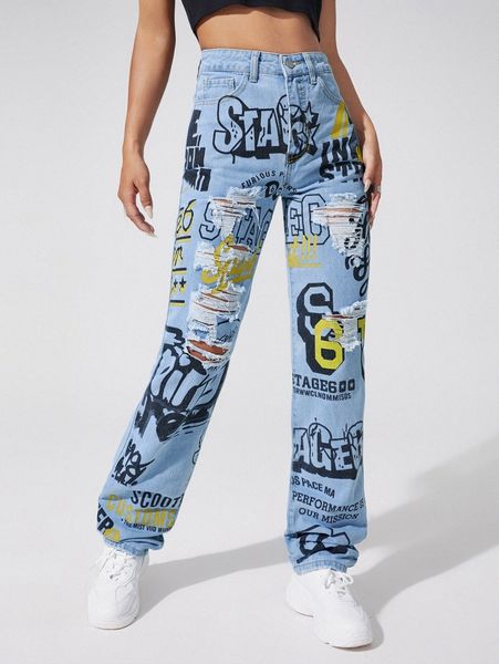 high waist slogan graphic straight jeans i8jl#, Blue
high waist slogan graphic straight jeans i8jl#, Blue