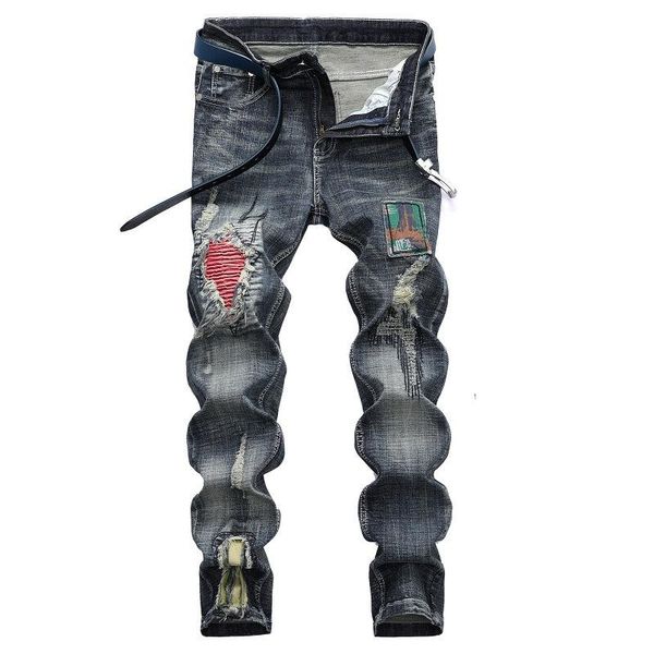men's jeans mens nostalgic hole stickers motorcycle wear ripped for men printed goth clothes, Blue
men's jeans mens nostalgic hole stickers motorcycle wear ripped for men printed goth clothes, Blue