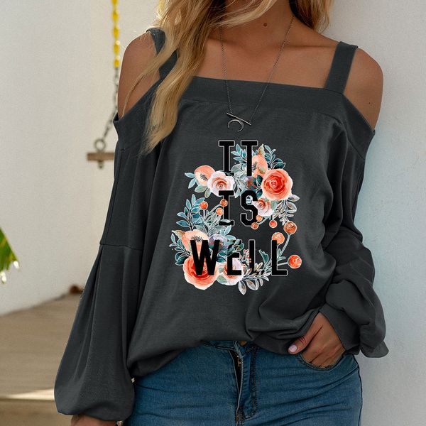 2021 early autumn women's clothing athetic flower letter pattern printing casual wear one-line collar sweater, Black 
2021 early autumn women's clothing athetic flower letter pattern printing casual wear one-line collar sweater, Black