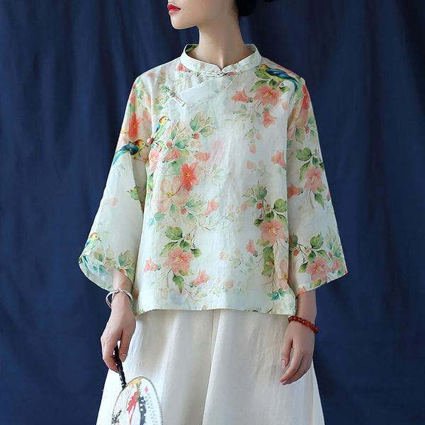 women's blouses & shirts 2021 clothes women print linen vintage nine quarter sleeve button stand collar shirt ft284, White
women's blouses & shirts 2021 clothes women print linen vintage nine quarter sleeve button stand collar shirt ft284, White
