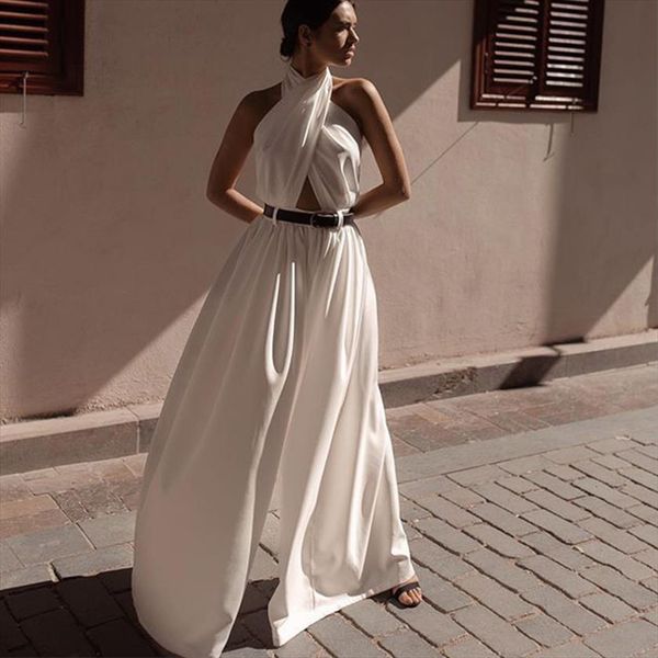 sleeveless hanging neck halter white womens jumpsuits long fashion casual summer elegant, Black;white
sleeveless hanging neck halter white womens jumpsuits long fashion casual summer elegant, Black;white