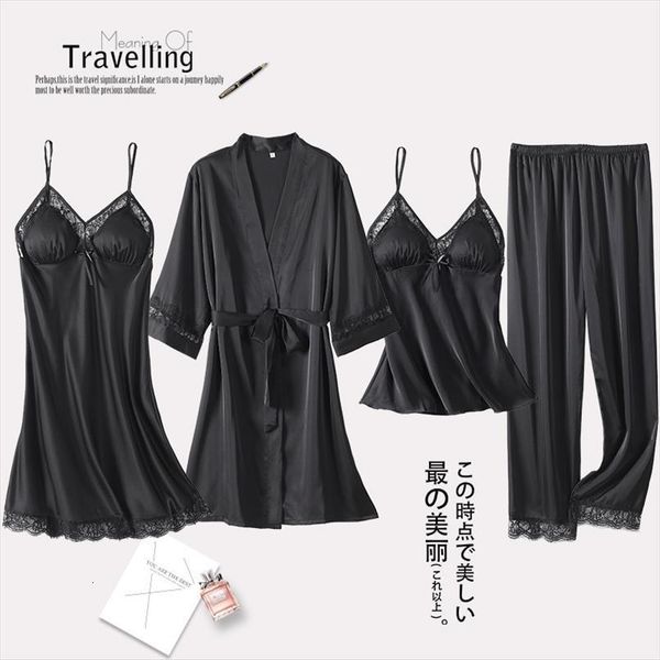 pajamas suit spring summer women sleepwear black satin wedding robe set kimono gown lace nightwear loose homewear, Black;red