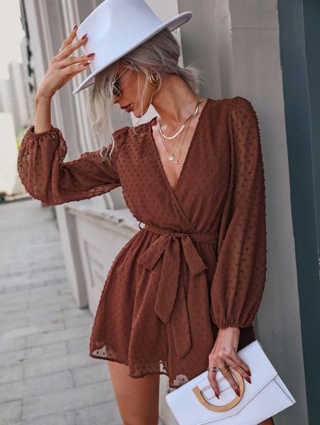 surplice neck lantern sleeve belted swiss dot chiffon romper b4o4#, White