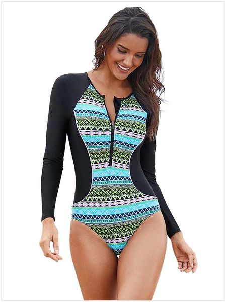 women's swimwear one piece swimsuit print long sleeve women bathing suit surfing swimming front zipper patchwork rash guard, White;black
women's swimwear one piece swimsuit print long sleeve women bathing suit surfing swimming front zipper patchwork rash guard, White;black