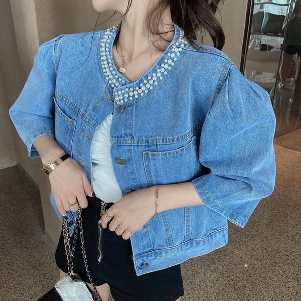 women's jackets short beaded denim jacket puff sleeve loose casual jeans coat female single-breasted three quarter pearl blue, Black;brown
women's jackets short beaded denim jacket puff sleeve loose casual jeans coat female single-breasted three quarter pearl blue, Black;brown