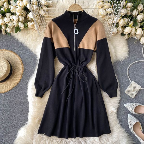 design zipper knitted dress autumn stand collar long sleeve elastic waist a-line dress korean fashion streetwear dress, Black;gray
design zipper knitted dress autumn stand collar long sleeve elastic waist a-line dress korean fashion streetwear dress, Black;gray