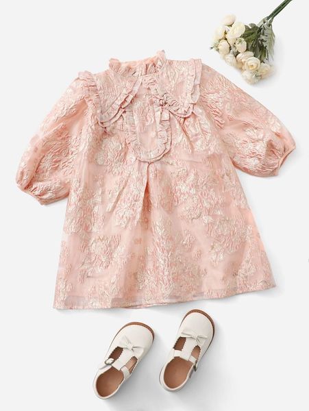 toddler girls lantern sleeve frill detail jacquard dress she, Red;yellow 
toddler girls lantern sleeve frill detail jacquard dress she, Red;yellow