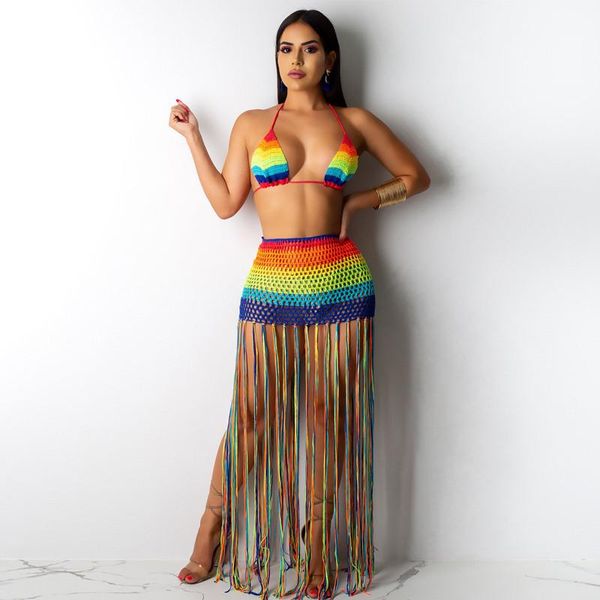 women's swimwear knitted halter swimsuit women rainbow bikini crochet tassel beachwear backless summer, White;black
women's swimwear knitted halter swimsuit women rainbow bikini crochet tassel beachwear backless summer, White;black