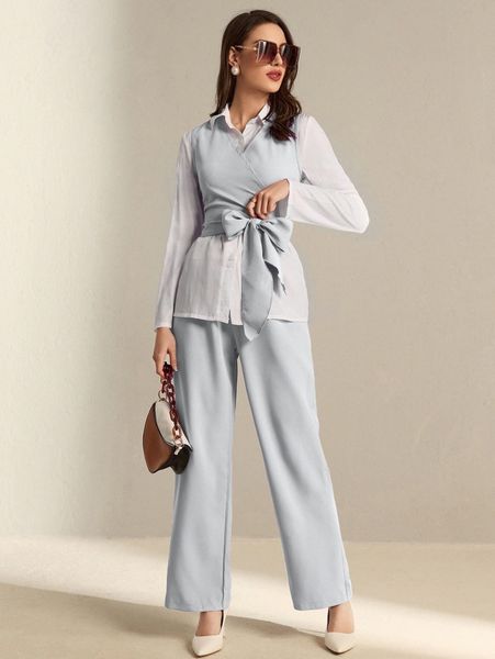 solid belted vest & pants with blouse m8z9#, White 
solid belted vest & pants with blouse m8z9#, White