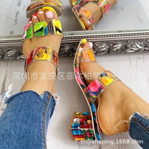 luxury slippers 2021 diamond thick one line cool slippers color matching medium heel large women's sho, Black
luxury slippers 2021 diamond thick one line cool slippers color matching medium heel large women's sho, Black