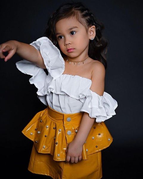 clothing sets kids girls trendy short dress set, solid color flounce off-shoulder + rivet pearl mini leather skirt 2-7years, White
clothing sets kids girls trendy short dress set, solid color flounce off-shoulder + rivet pearl mini leather skirt 2-7years, White