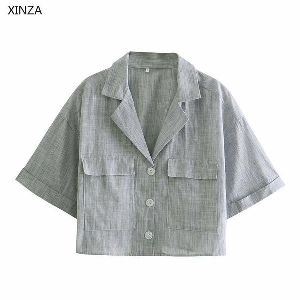 women's blouses & shirts women striped cropped summer shirt short sleeve front flap pockets gray vintage female chic button u, White
women's blouses & shirts women striped cropped summer shirt short sleeve front flap pockets gray vintage female chic button u, White