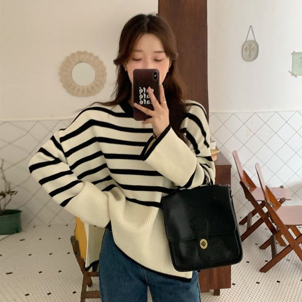 women's sweaters knitted forest autumn striped woman's shirt loose lazy wind side versatile divided long sleeves nightgown gjrh, White;black
women's sweaters knitted forest autumn striped woman's shirt loose lazy wind side versatile divided long sleeves nightgown gjrh, White;black