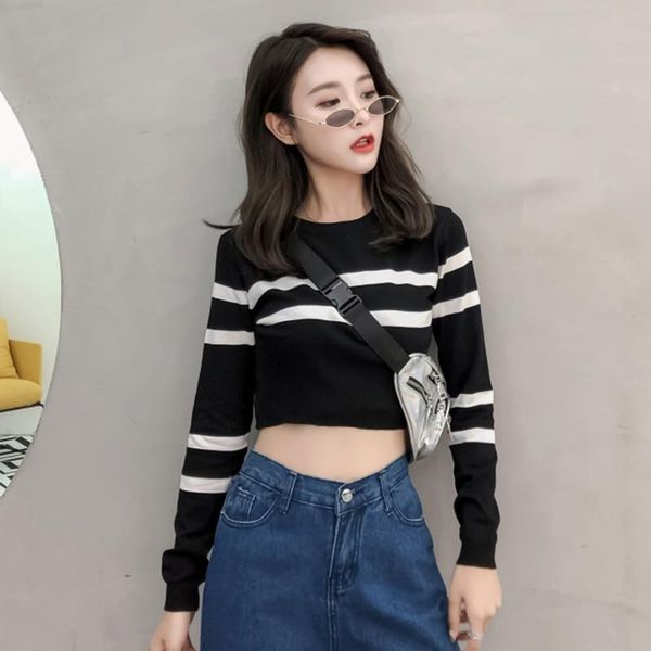 women's sweaters autumn fashion stripe o-neck long sleeve knitted pullovers female short women korean loose sweater, White;black
women's sweaters autumn fashion stripe o-neck long sleeve knitted pullovers female short women korean loose sweater, White;black