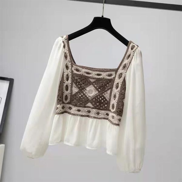 women's t-shirt zoulv square collar knit stitching tulle ethnic style colorful comfortable and breathable casual country long sleeve to, White
women's t-shirt zoulv square collar knit stitching tulle ethnic style colorful comfortable and breathable casual country long sleeve to, White