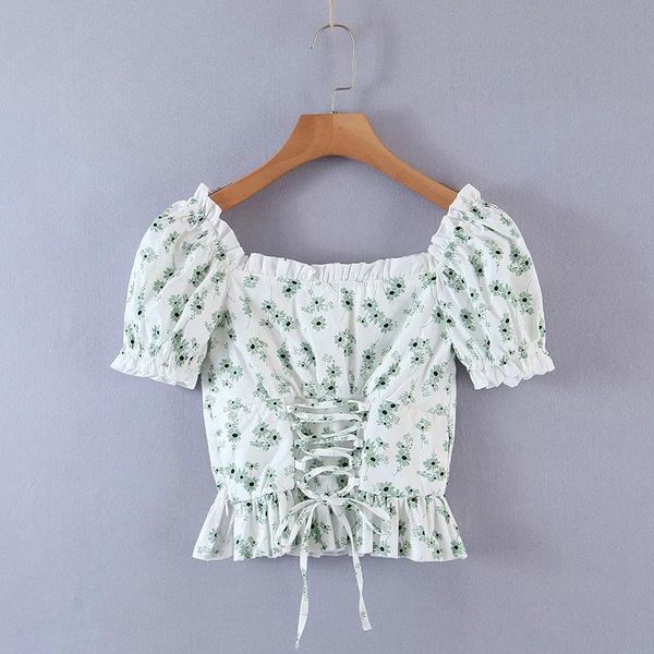 women's t-shirt summer lady french printed bubble sleeve drawstring bow embellishment square neck short temperament top, White
women's t-shirt summer lady french printed bubble sleeve drawstring bow embellishment square neck short temperament top, White