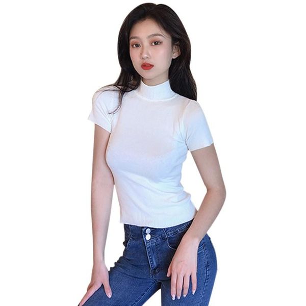 women's t-shirt clothes solid half turtleneck fashion slim short sleeve knitted, White
women's t-shirt clothes solid half turtleneck fashion slim short sleeve knitted, White