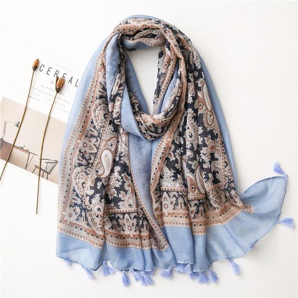

scarves 2021 fashion autumn women viscose scarf aztec cashew floral tassel hijab shawls and wraps female foulard echarpe muslim 180*90cm, Blue;gray