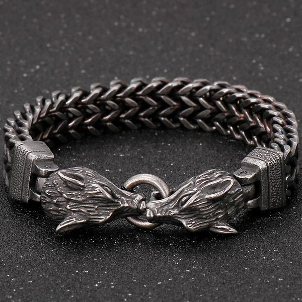 link, chain animal bracelet for male stainless steel mesh link double wolf head bangle vintage punk jewelry homme armband men, Black
link, chain animal bracelet for male stainless steel mesh link double wolf head bangle vintage punk jewelry homme armband men, Black