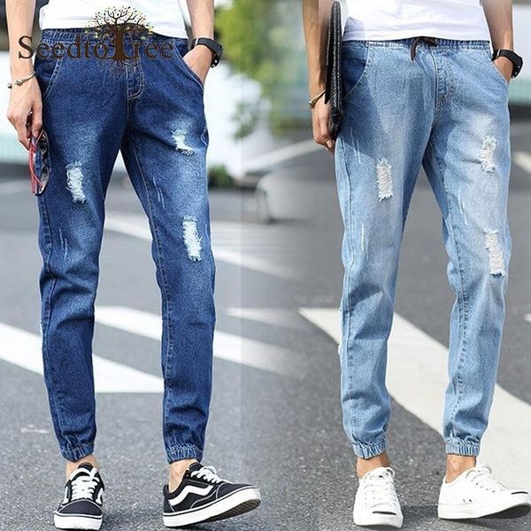 men's jeans solid color ripped ankle length pants denim trousers hole pencil, Blue
men's jeans solid color ripped ankle length pants denim trousers hole pencil, Blue