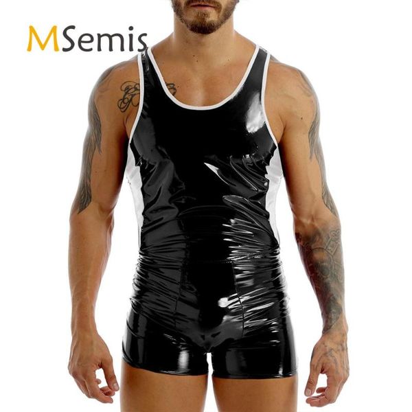 mens one-piece bodysuit wet look patent leather color block design u neck sleeveless backless skin-tight leotard short bodysuit
mens one-piece bodysuit wet look patent leather color block design u neck sleeveless backless skin-tight leotard short bodysuit