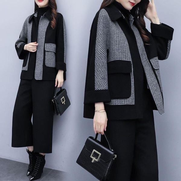 women's two piece pants women suit 2021autumn winter woolen two-piece splicing plaid jacket female wide-leg casual fashion coat trenda7, White
women's two piece pants women suit 2021autumn winter woolen two-piece splicing plaid jacket female wide-leg casual fashion coat trenda7, White