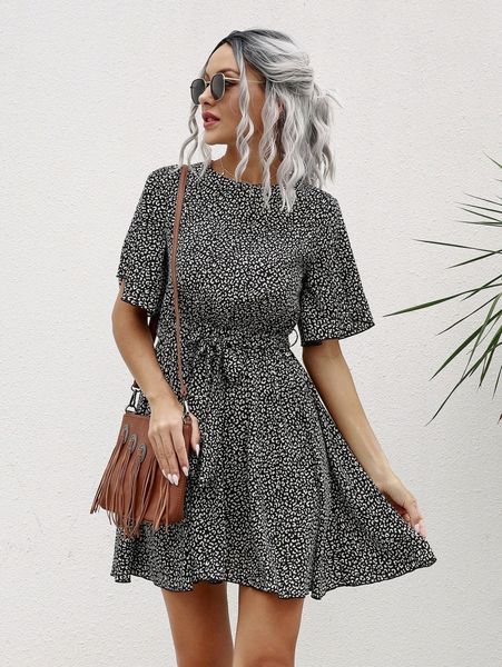 allover print belted a-line dress o9x5#, Black;gray
