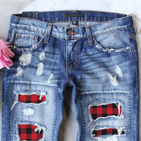 shredded cat plaid patch patchwork long jeans fashion mid rise denim korean women's broek, Blue
shredded cat plaid patch patchwork long jeans fashion mid rise denim korean women's broek, Blue