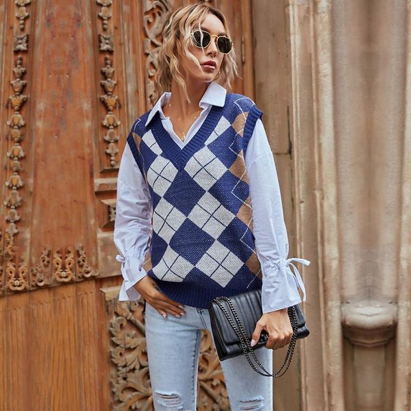 women's vests v neck vintage argyle jumper sweater vest women autumn winter sleeveless plaid knitted sweaters for preppy style, Black;white
women's vests v neck vintage argyle jumper sweater vest women autumn winter sleeveless plaid knitted sweaters for preppy style, Black;white