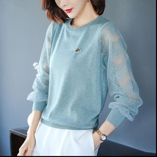 long sleeved mesh printing knitted sweater female round neck lantern sleeve lace stitching bottoming pullover jumpers women, White;black
long sleeved mesh printing knitted sweater female round neck lantern sleeve lace stitching bottoming pullover jumpers women, White;black
