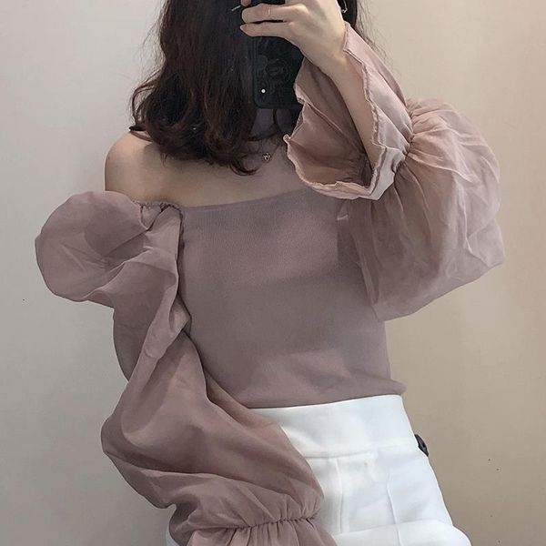 women sweet fashion patchwork organza knitted blouses vintage see through sleeve stretch female shirts chic, White
women sweet fashion patchwork organza knitted blouses vintage see through sleeve stretch female shirts chic, White