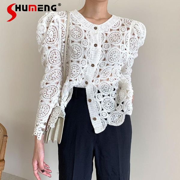 women's knits & tees 2021 spring korean elegant v-neck slimming knitted single-breasted crocheted hollow-out thin puff sleeve sweater, White
women's knits & tees 2021 spring korean elegant v-neck slimming knitted single-breasted crocheted hollow-out thin puff sleeve sweater, White