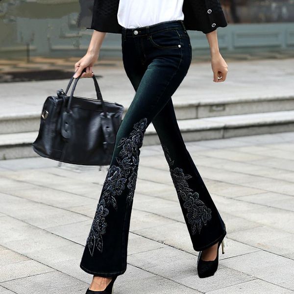 women's jeans 2021 spring luxury embroidered flares mid waist big flared female boot cut fine handmade beading embroidery, Blue
women's jeans 2021 spring luxury embroidered flares mid waist big flared female boot cut fine handmade beading embroidery, Blue