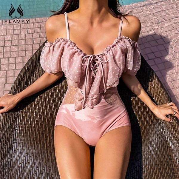 v neck dot mesh flounce one piece swimsuit with ruffle women cut out swim bathing suit woman 2021 swimwear tankini monokini