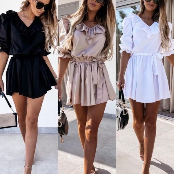 women's swimwear 2021 summer ruffled v-neck tie waist dress, White;black
women's swimwear 2021 summer ruffled v-neck tie waist dress, White;black
