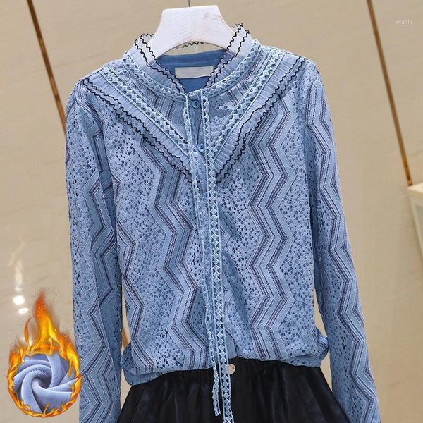 women's lace shirt long sleeve plush bottoming blouse with fashionable ribbon decoration stand collar chic style of females blouses & s, White
women's lace shirt long sleeve plush bottoming blouse with fashionable ribbon decoration stand collar chic style of females blouses & s, White
