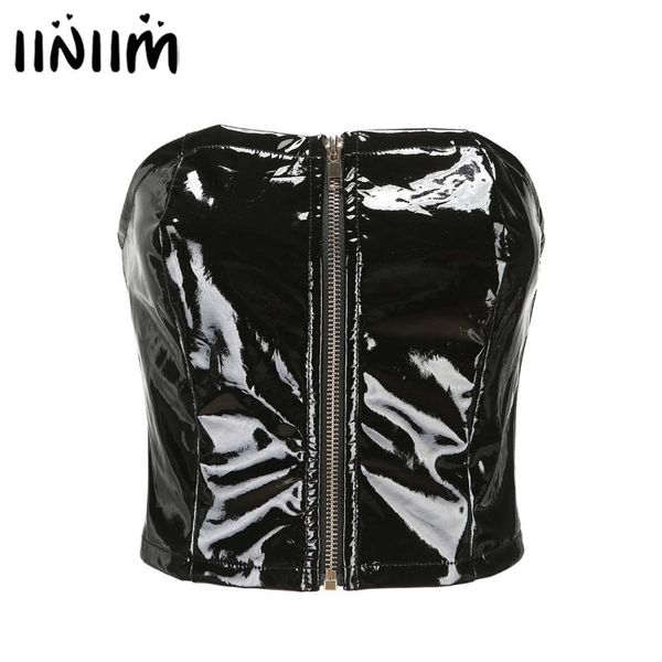 women's tanks & camis womens fashion leather tube wet look bustier ladies front zipper strapless crop for evening parties club, White