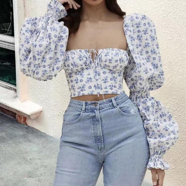 women's t-shirt 2021 amazon wear in europe and america small fresh blue floral square neck long sleeve open navel short top, White
women's t-shirt 2021 amazon wear in europe and america small fresh blue floral square neck long sleeve open navel short top, White