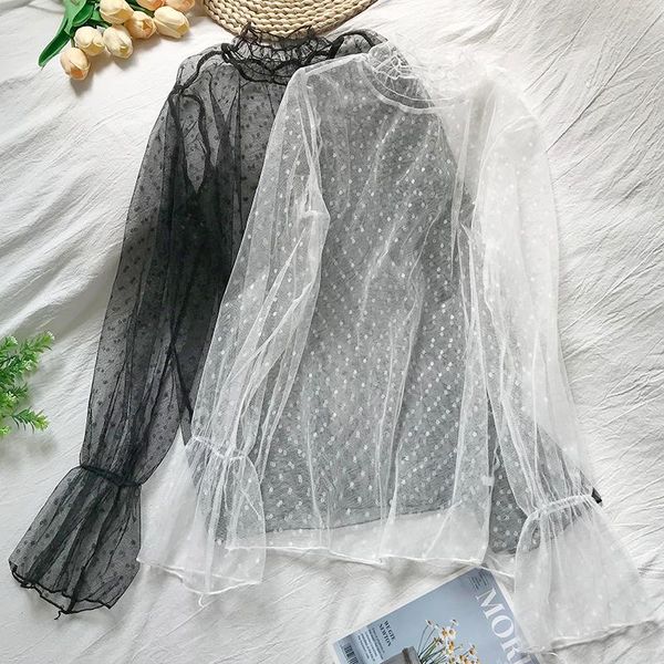 women's blouses & shirts elegant women flare sleeve lace flower mesh gauze voile ruffles basic shirt vintage elastic slim polka dot tul, White
women's blouses & shirts elegant women flare sleeve lace flower mesh gauze voile ruffles basic shirt vintage elastic slim polka dot tul, White
